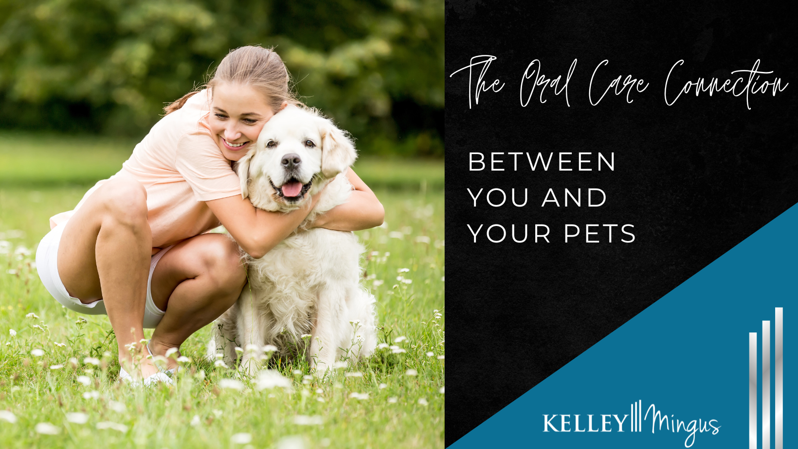 A smiling woman hugging a large fluffy dog in a grassy field, next to a graphic with text "the pet connection" and a logo for "kelley mingus.