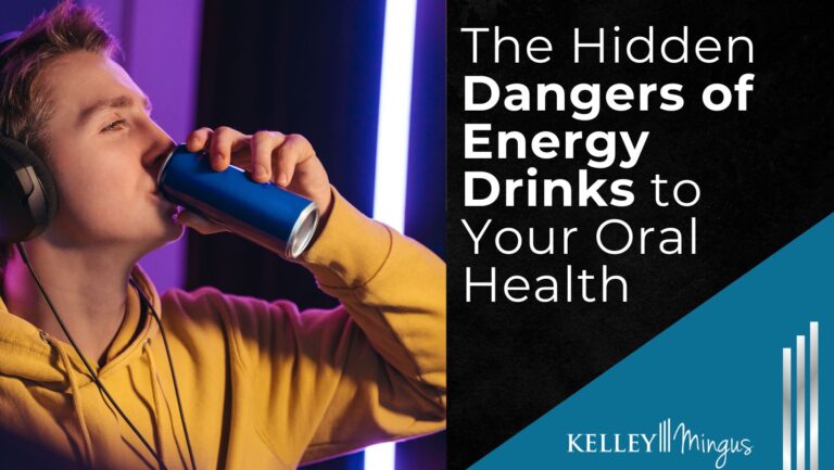 Young person in a yellow hoodie and headphones drinks from a can; text highlights the dangers of energy drinks to oral health, branded with Kelley Mingus.
