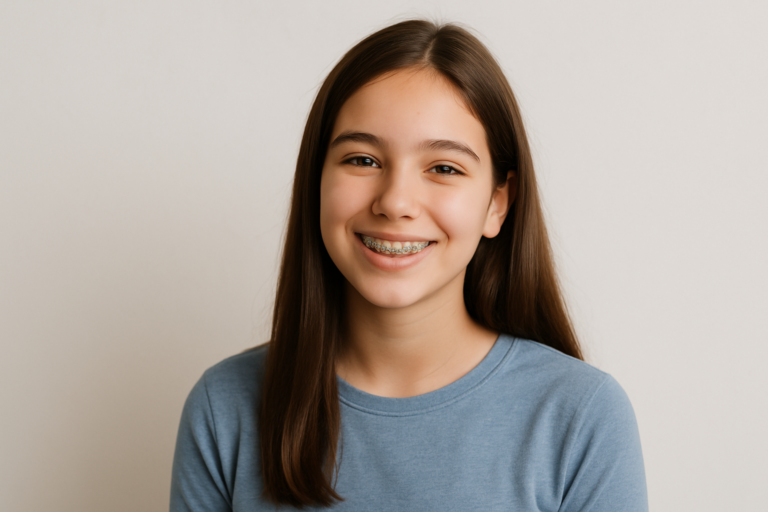 A teenage girl with long brown hair and braces smiles at the camera, showcasing the benefits of orthodontic care for teens while wearing a light blue shirt against a plain light background.
