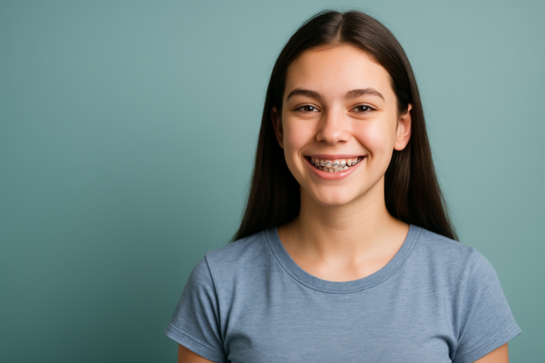 A teenage girl with long brown hair, wearing a light blue t-shirt and braces, smiles at the camera against a plain teal background, showcasing the benefits of orthodontic care for teens.