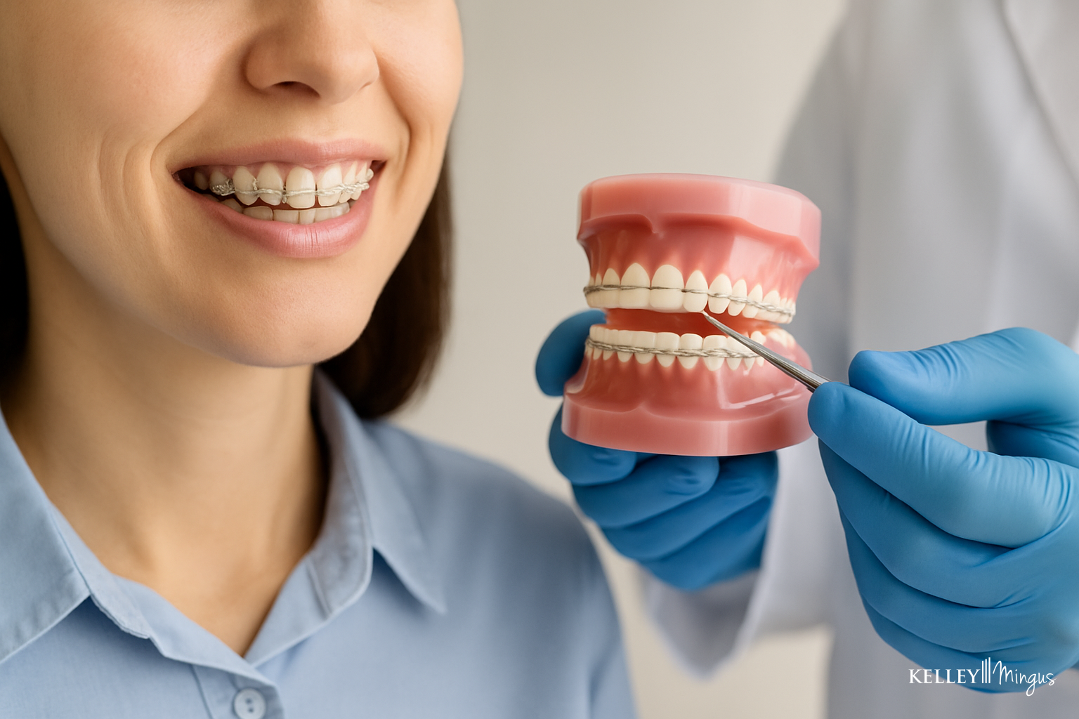 A woman with braces smiles while a dentist in gloves uses a dental tool to point at a model of teeth and gums, addressing bite alignment during the consultation.