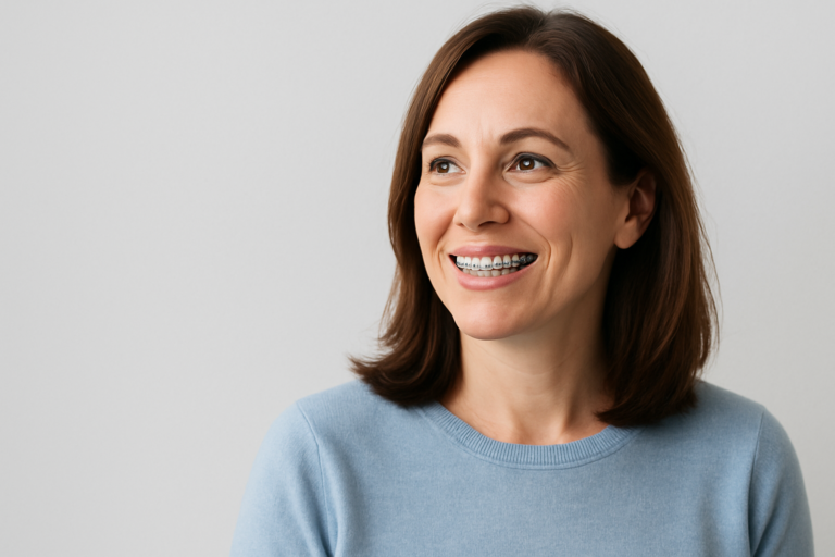 Woman with shoulder-length brown hair and braces smiling, wearing a light blue sweater, standing against a plain light background—showcasing the benefits of orthodontics for adults.