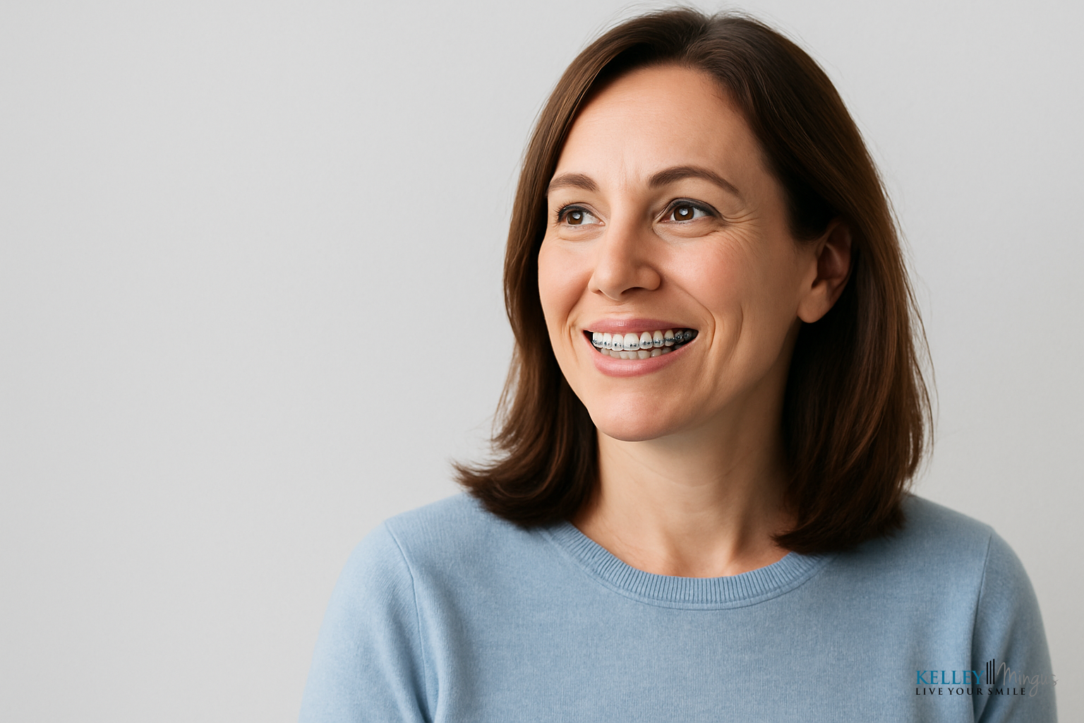 Woman with shoulder-length brown hair and braces smiling, wearing a light blue sweater, standing against a plain light background—showcasing the benefits of orthodontics for adults.