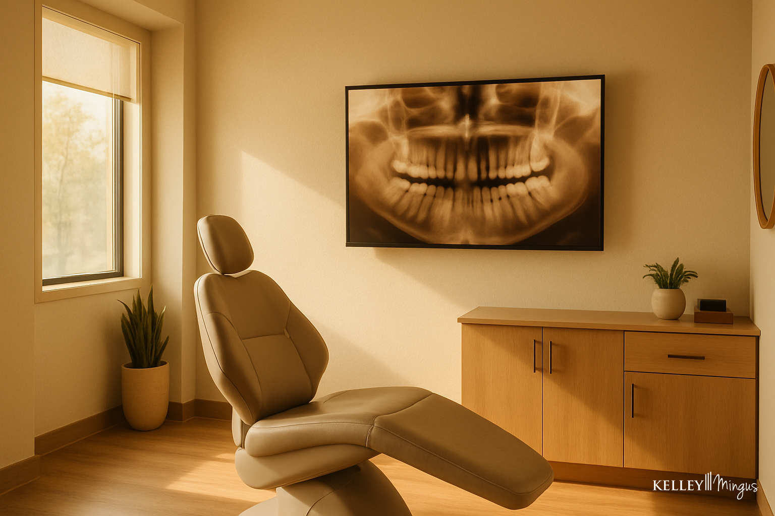 A modern dental exam room designed for orthodontic consultation in Bend, featuring a reclining chair, potted plants, a sleek cabinet, and a wall-mounted dental X-ray image.