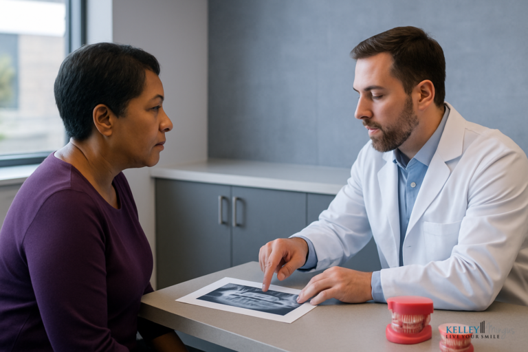 A dentist in a white coat explains a dental X-ray to a seated patient during an orthodontic consultation in Bend. A dental model and paperwork are on the table between them.