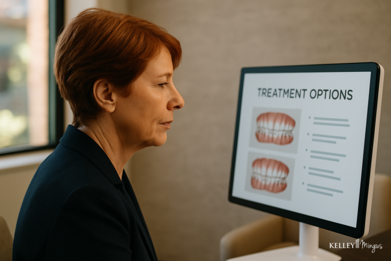 A person in a suit looks at a computer screen displaying dental treatment options with images of teeth and explanatory text, as part of an orthodontic consultation in Bend.