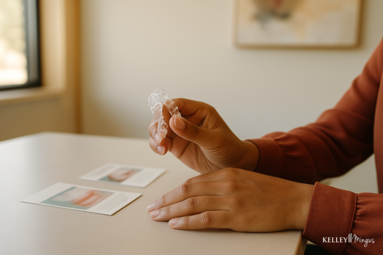 A person holds a clear dental aligner above a counter with two informational cards, in a well-lit room—setting the scene for an upcoming orthodontic consultation in Bend.
