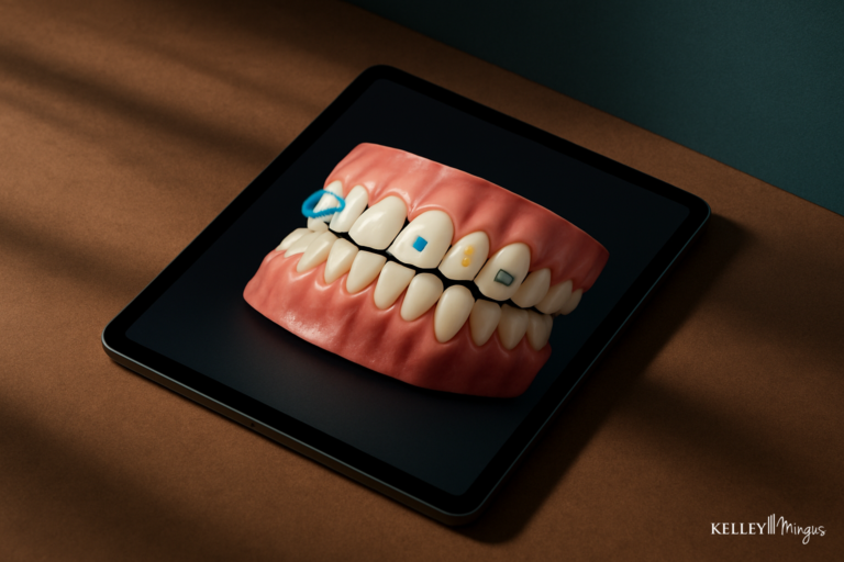 A dental model for an orthodontic consultation in Bend, featuring small, colorful geometric icons on the upper teeth and resting on a tablet screen.