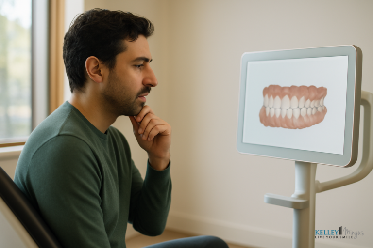 A man sits in a dental office, looking thoughtfully at a digital screen during his orthodontic consultation in Bend.