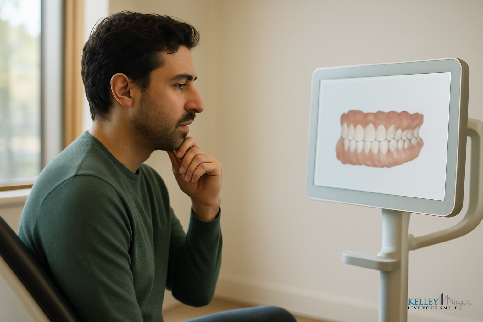 A man sits in a dental office, looking thoughtfully at a digital screen during his orthodontic consultation in Bend.