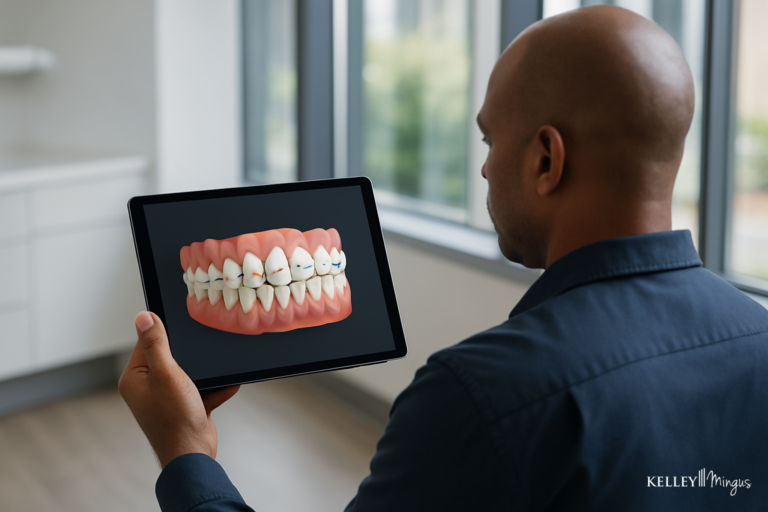 A person holding a tablet displaying a 3D digital model of teeth during an orthodontic consultation in Bend.