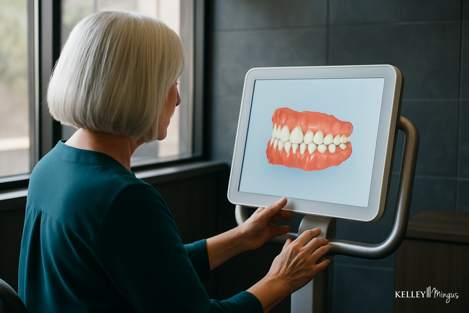 A person looking at a digital 3D model of teeth on a screen during an orthodontic consultation in Bend.